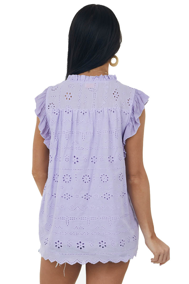 Lavender Short Sleeve Eyelet Tassel Detail Top