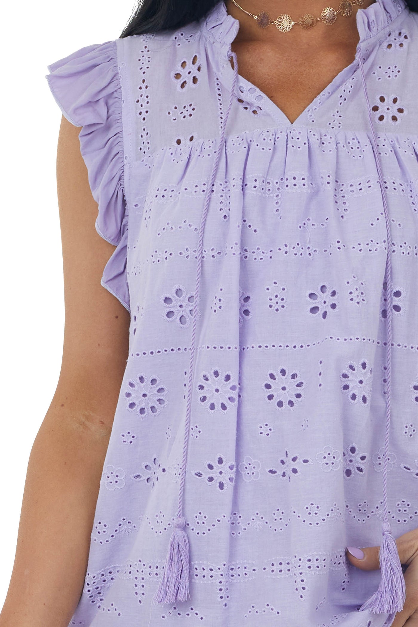 Lavender Short Sleeve Eyelet Tassel Detail Top