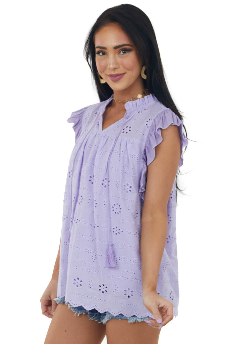 Lavender Short Sleeve Eyelet Tassel Detail Top