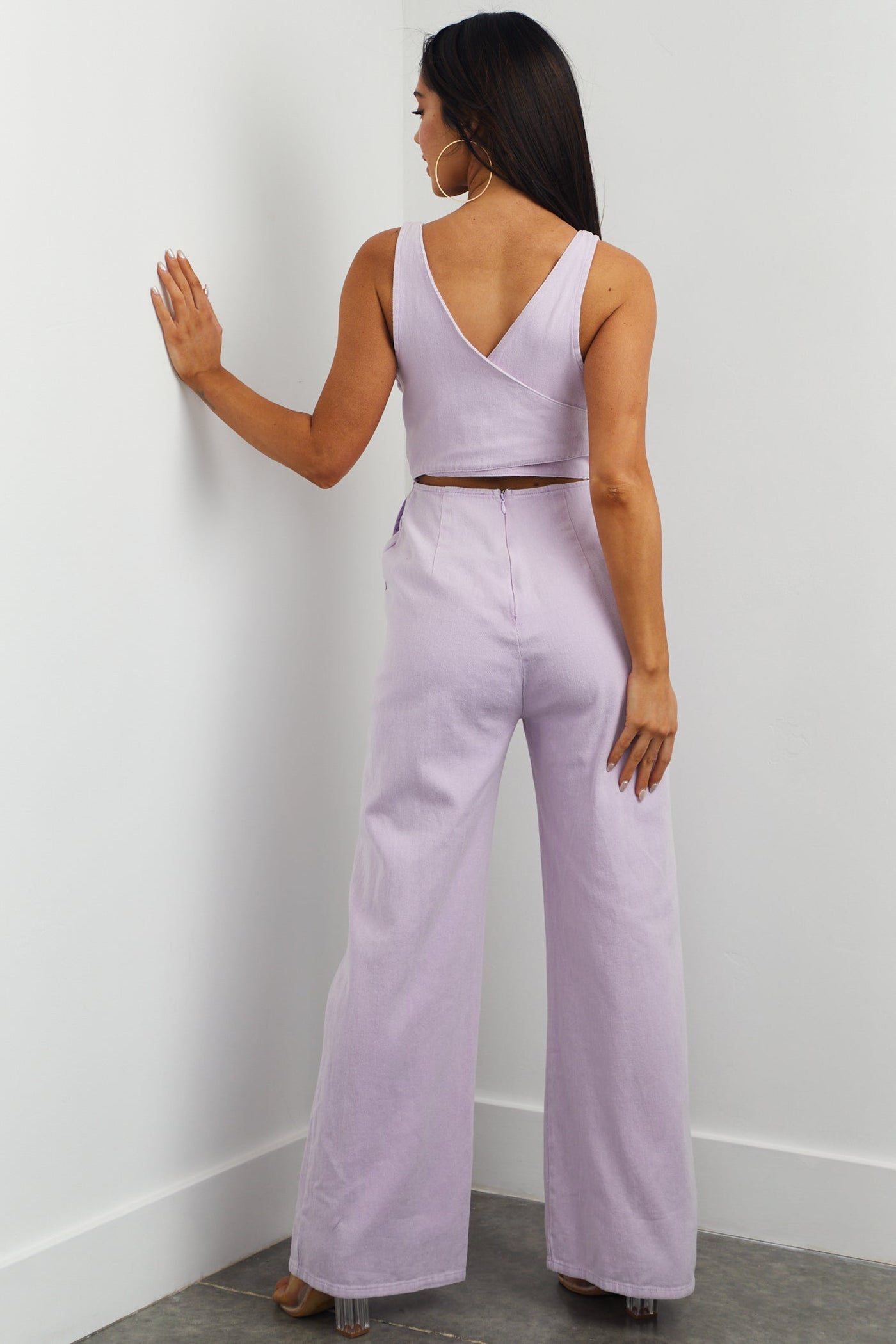 Lavender Sleeveless Wide Leg Denim Jumpsuit