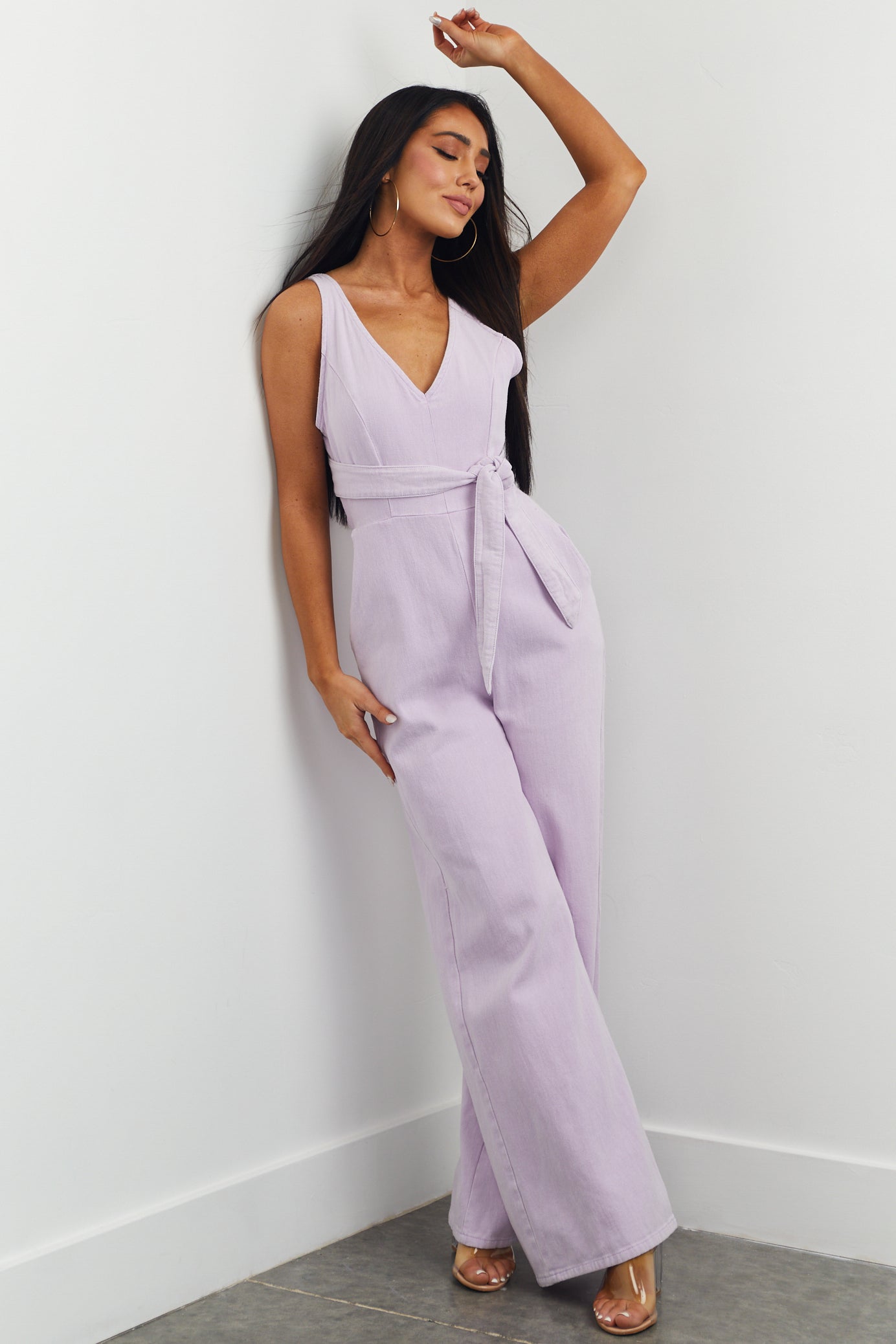 Lavender Sleeveless Wide Leg Denim Jumpsuit