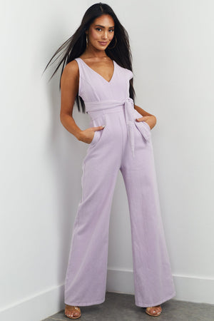 Lavender Sleeveless Wide Leg Denim Jumpsuit