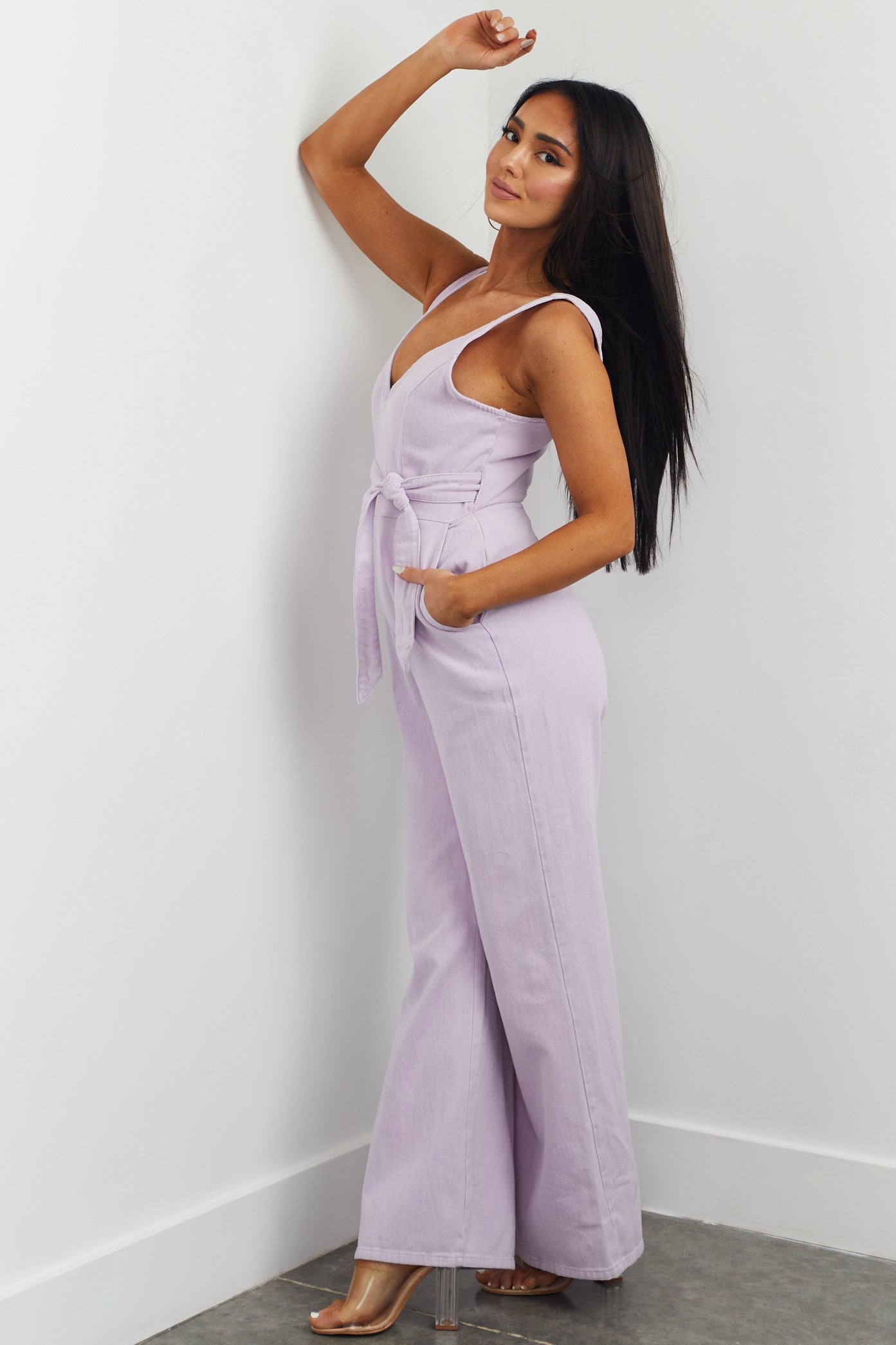 Lavender Sleeveless Wide Leg Denim Jumpsuit