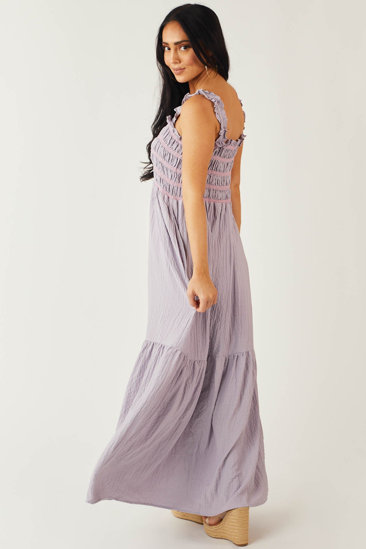 Lavender Smocked Square Neckline Maxi Dress