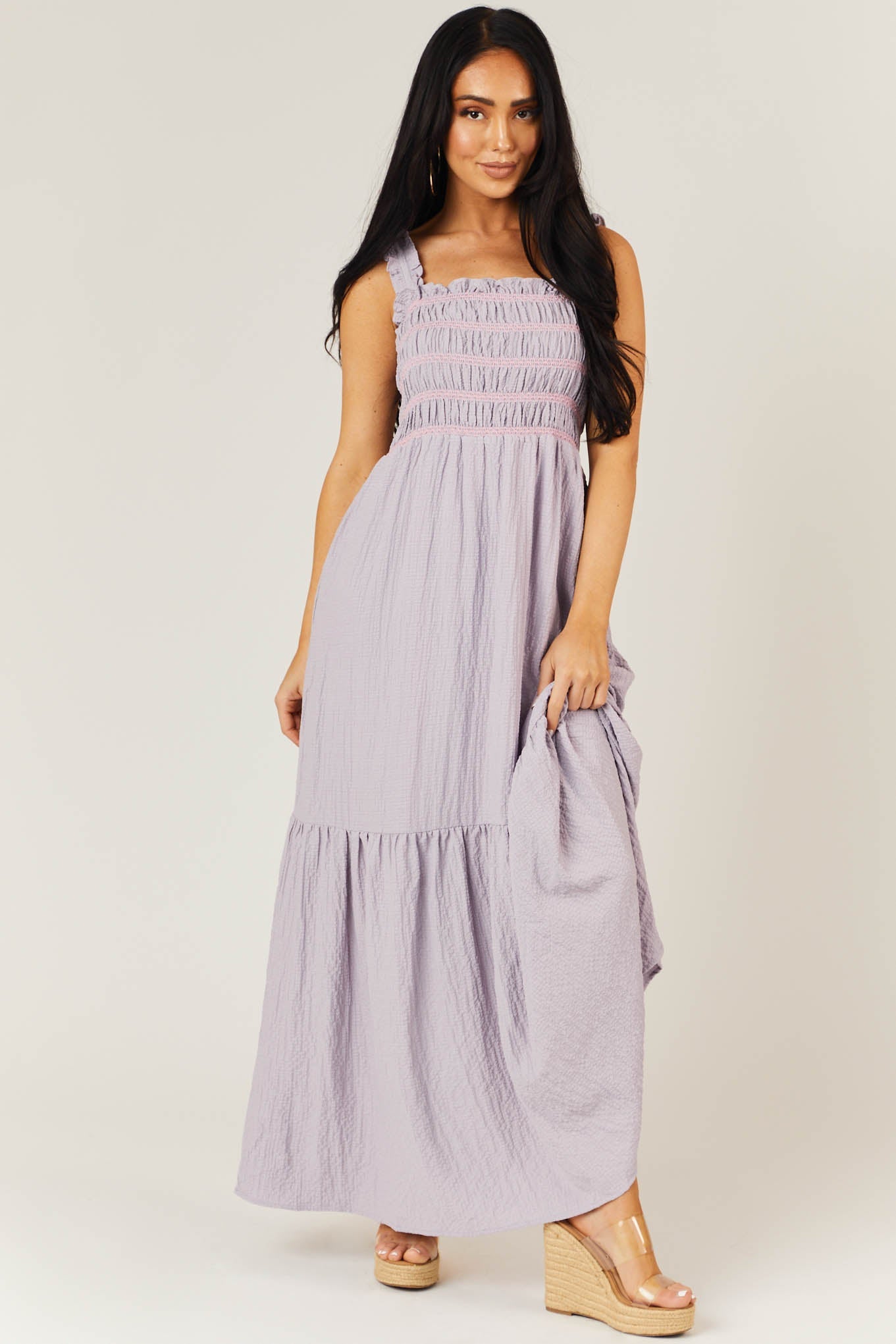 Lavender Smocked Square Neckline Maxi Dress