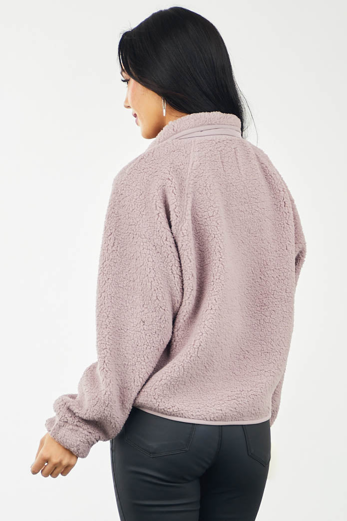 Lavender Snap Button Zip Pocket Sherpa Jacket