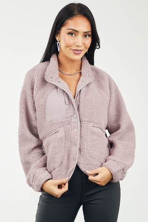 Lavender Snap Button Zip Pocket Sherpa Jacket