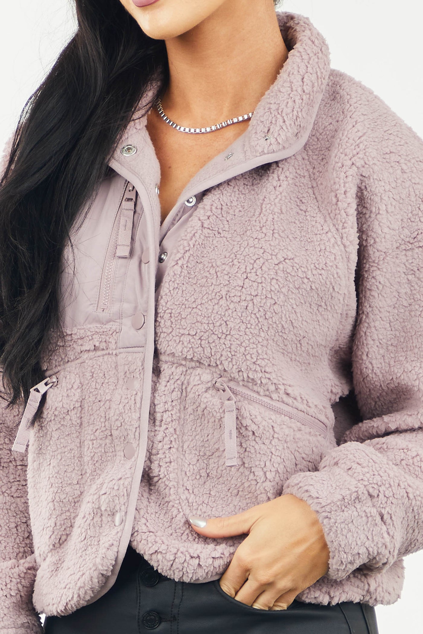 Lavender Snap Button Zip Pocket Sherpa Jacket
