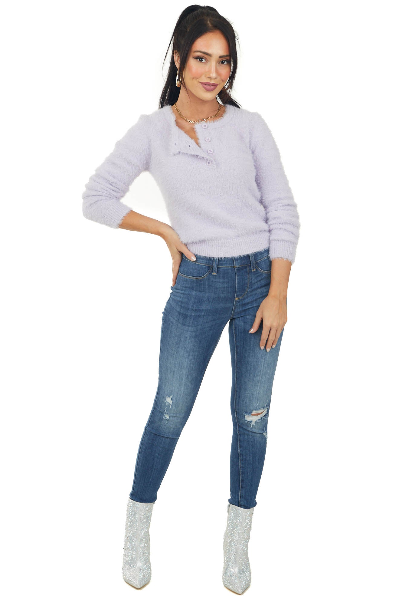 Lavender Super Soft Henley Style Fuzzy Sweater