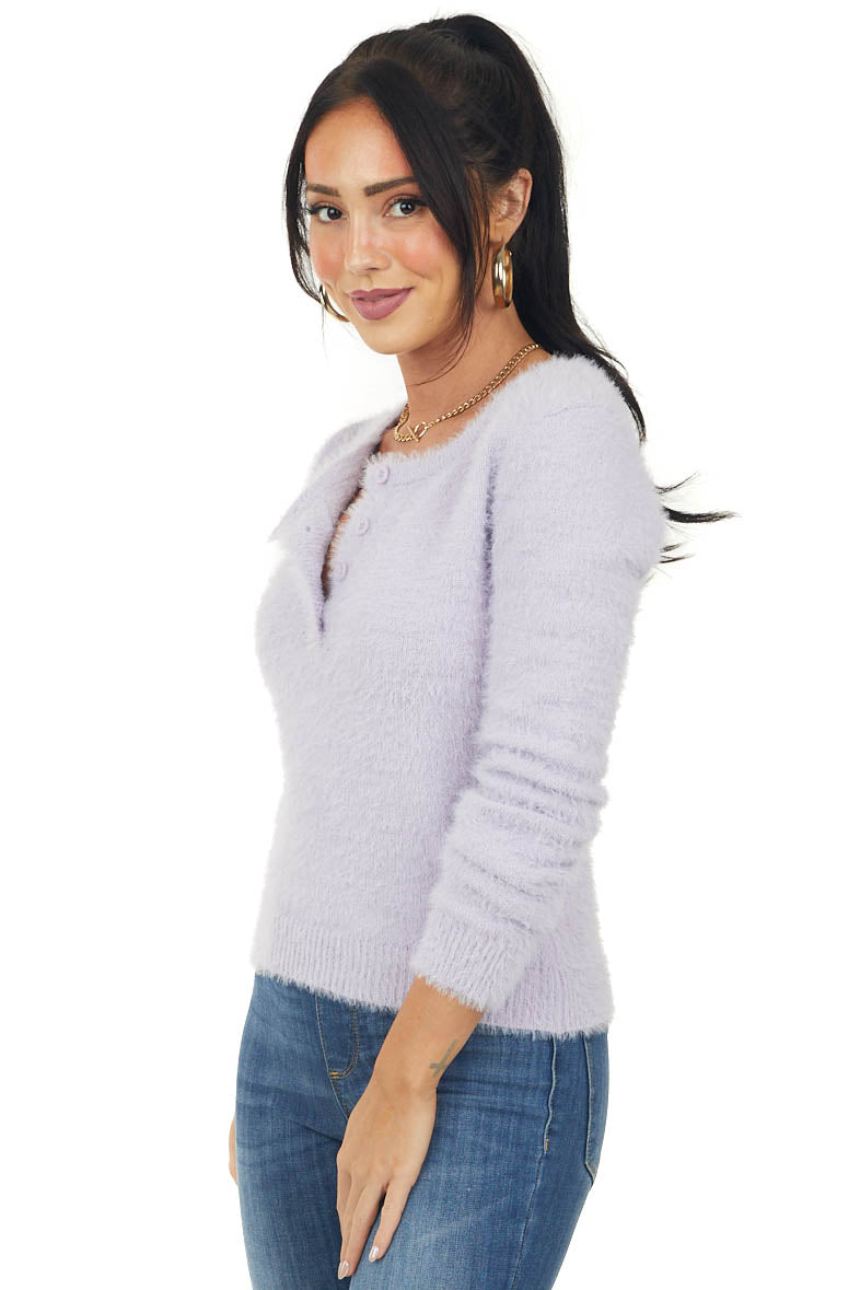 Lavender Super Soft Henley Style Fuzzy Sweater