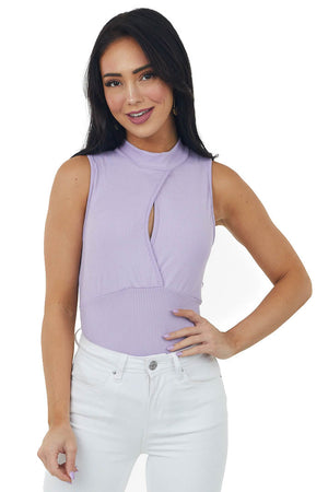 Lavender Surplice Ribbed Knit High Neck Tank Top