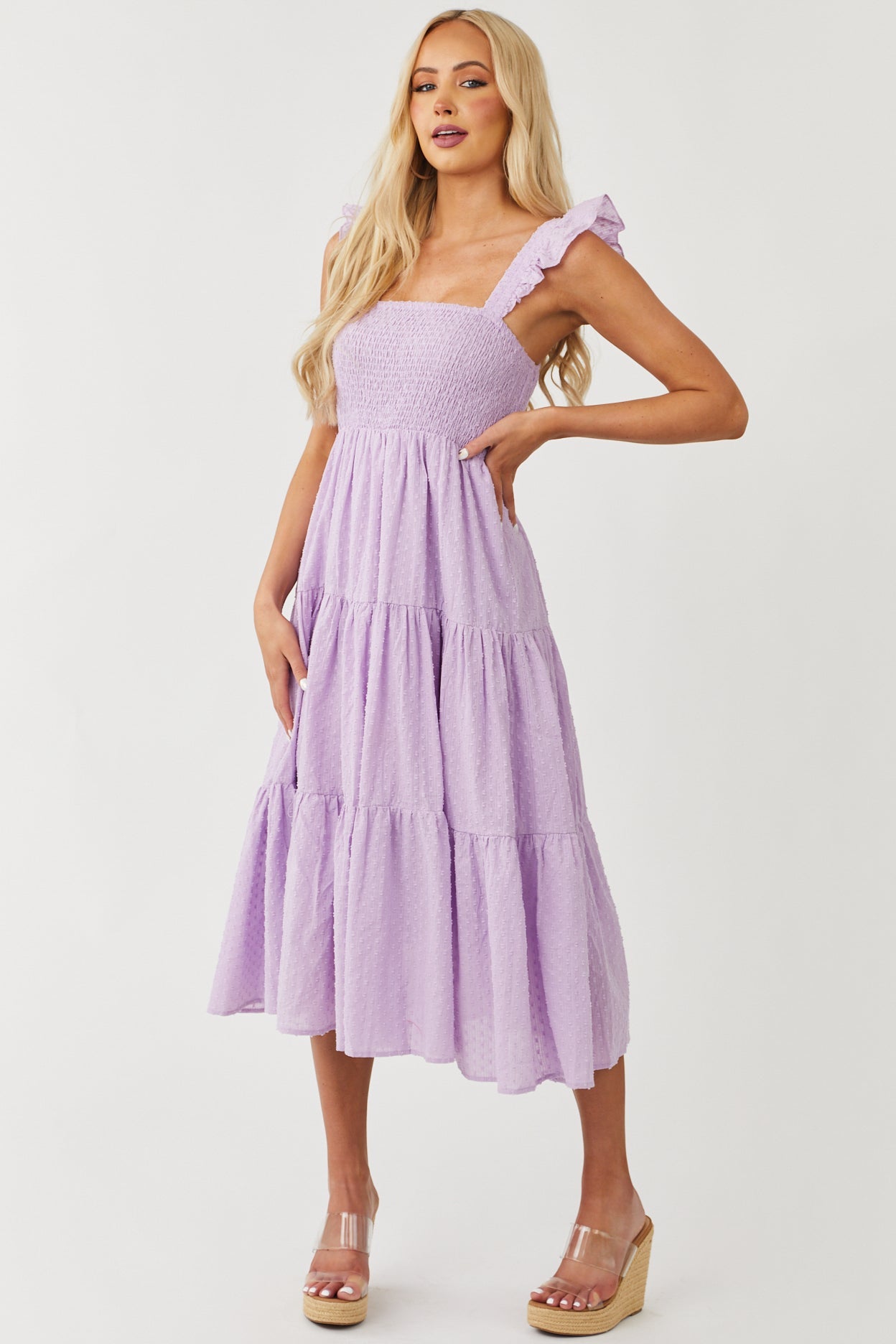Lavender Swiss Dot Ruffle Strap Smocked Dress