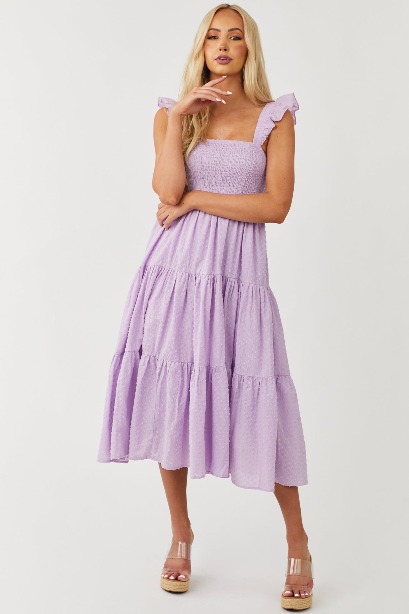 Lavender Swiss Dot Ruffle Strap Smocked Dress