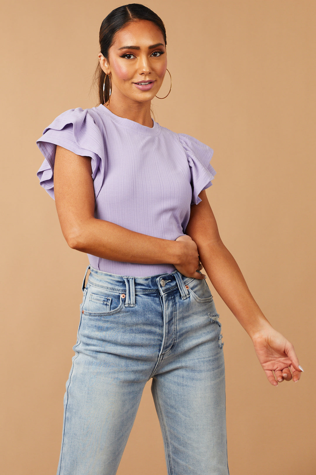 Lavender Tiered Ruffle Sleeve Ribbed Knit Top