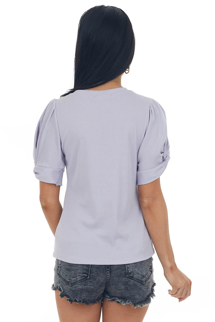 Lavender Twist Puff Sleeve Ribbed Knit Top