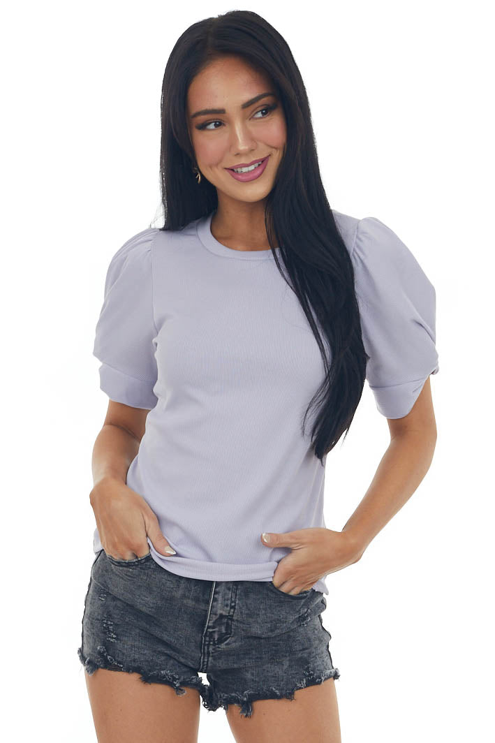 Lavender Twist Puff Sleeve Ribbed Knit Top