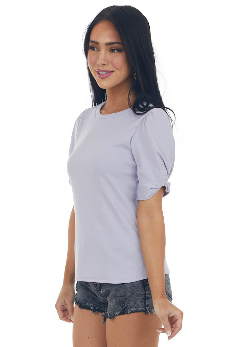 Lavender Twist Puff Sleeve Ribbed Knit Top