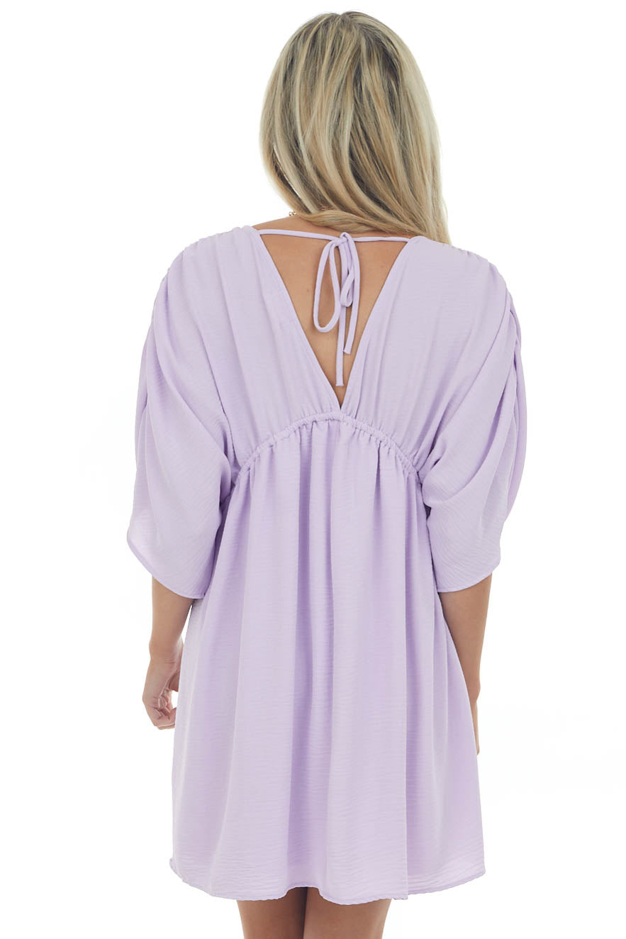 Lavender V Neck Cinch Waist Wide Sleeve Dress