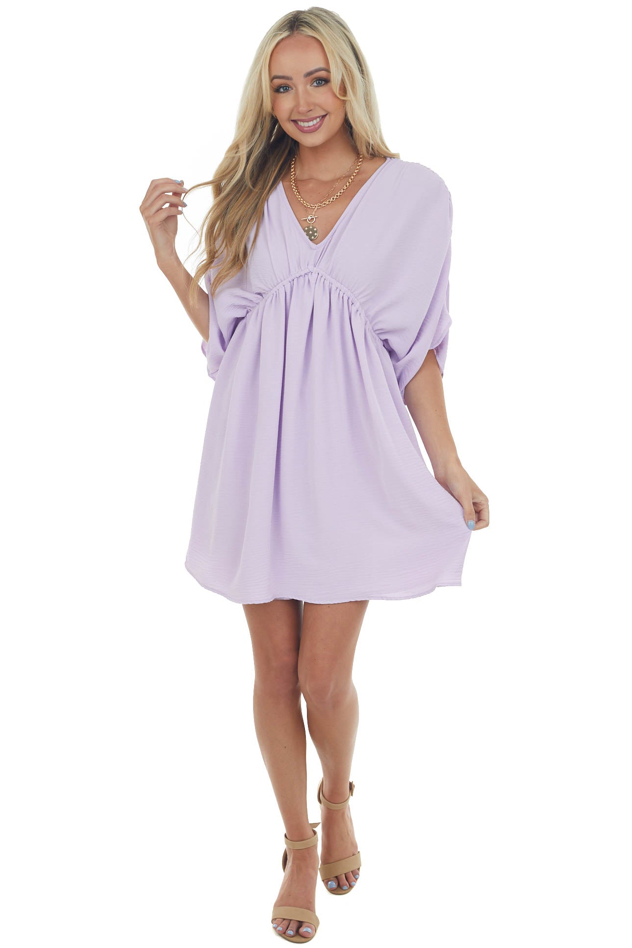 Lavender V Neck Cinch Waist Wide Sleeve Dress