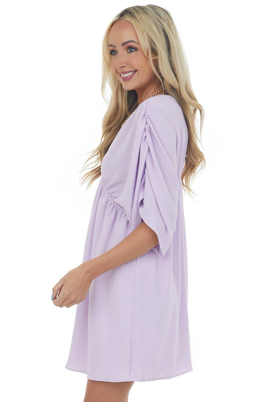 Lavender V Neck Cinch Waist Wide Sleeve Dress