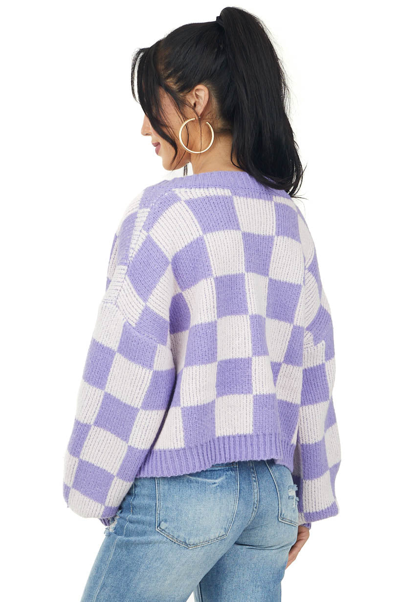 Lavender and Champagne Checkered V Neck Sweater