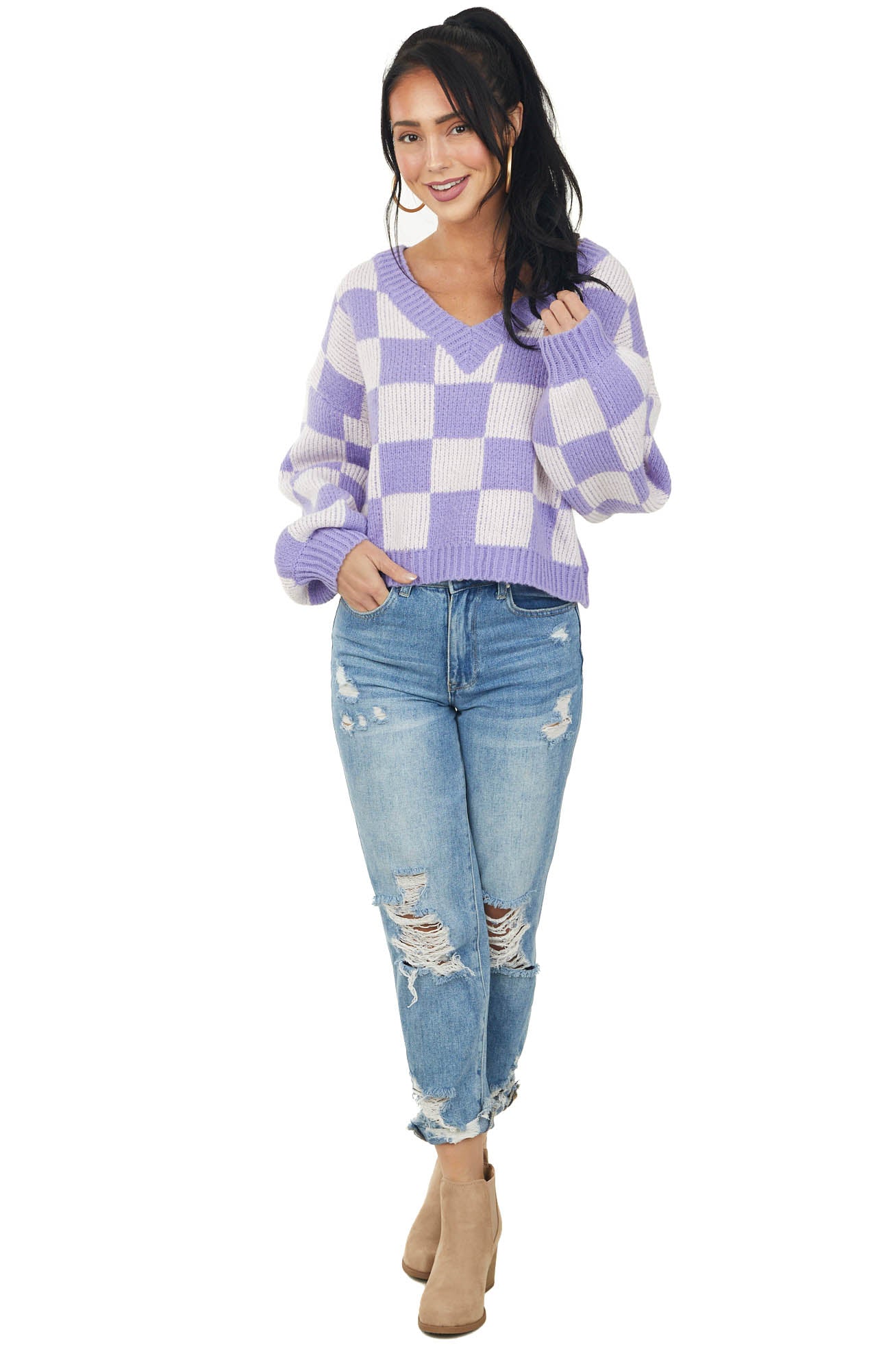 Lavender and Champagne Checkered V Neck Sweater