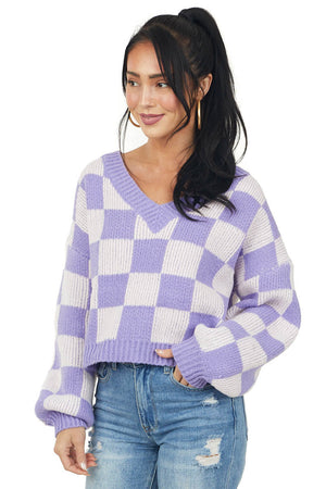 Lavender and Champagne Checkered V Neck Sweater