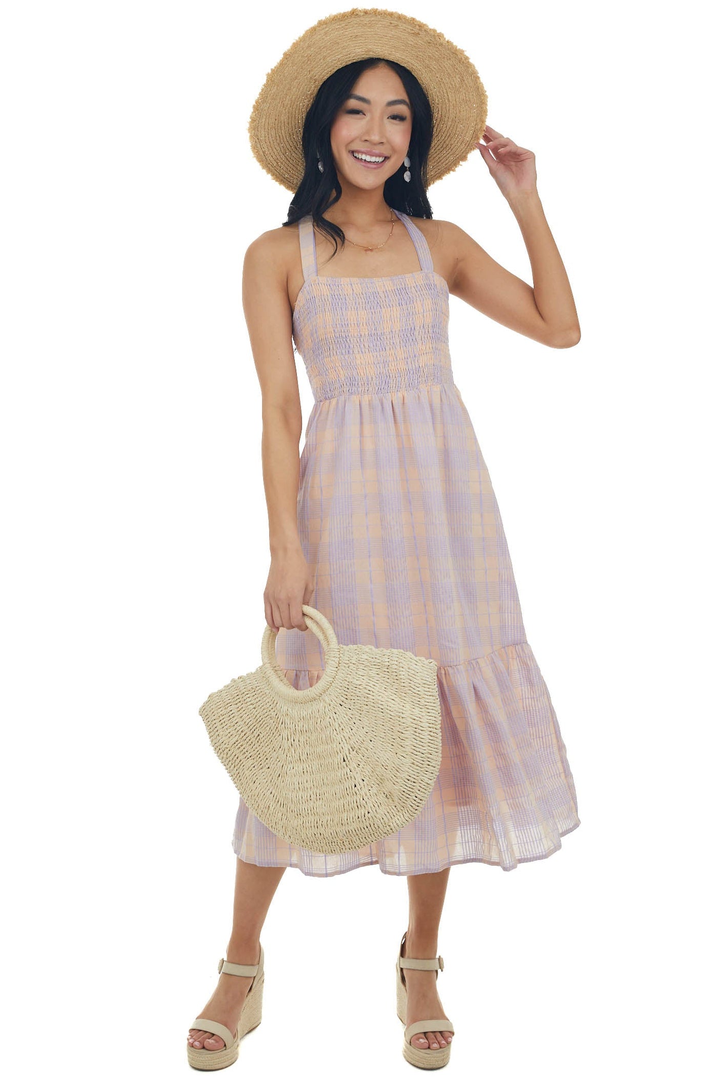 Lavender and Peach Gingham Open Back Dress
