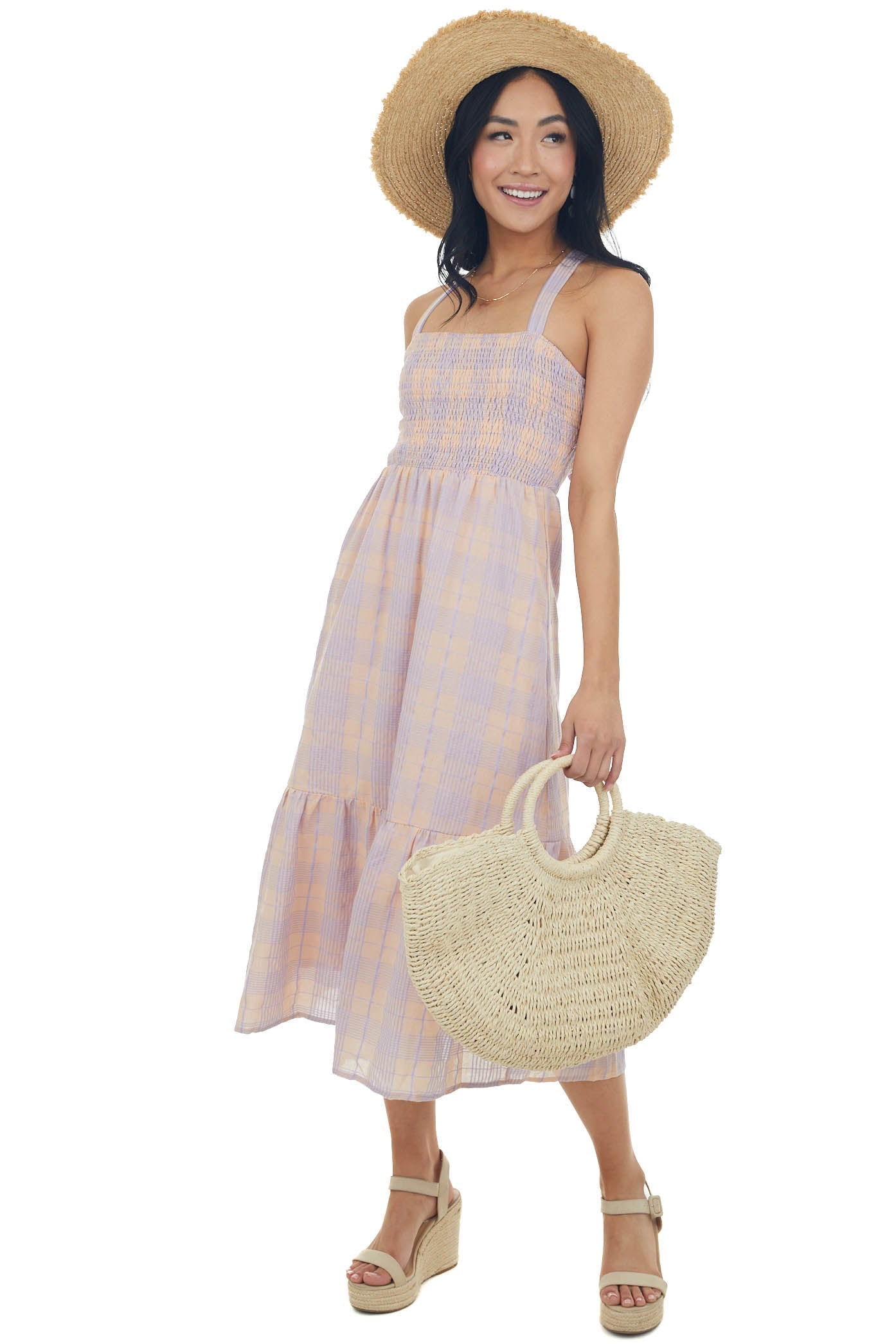 Lavender and Peach Gingham Open Back Dress