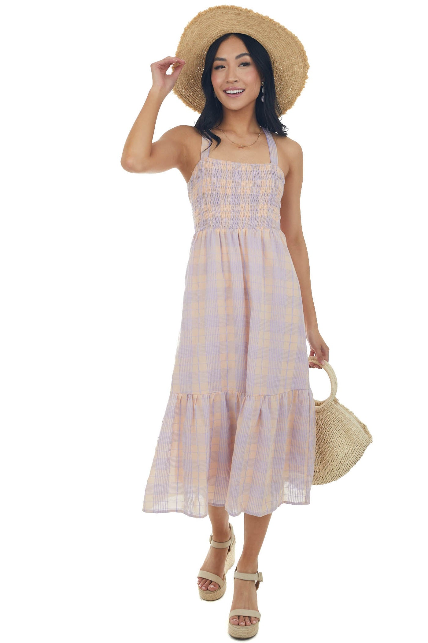 Lavender and Peach Gingham Open Back Dress