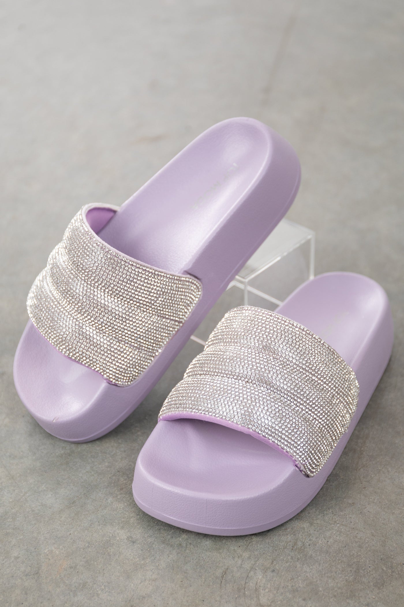Lavender Rhinestone Strap Platform Slide Sandals