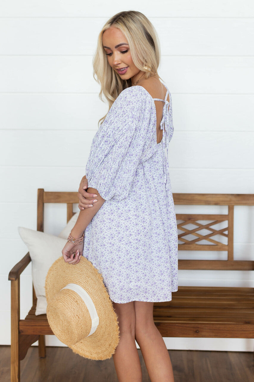 Lavender Floral Pleated Puff Sleeve Dress 