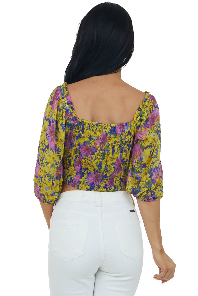Lemon Floral Print Swiss Dot Surplice Crop Top