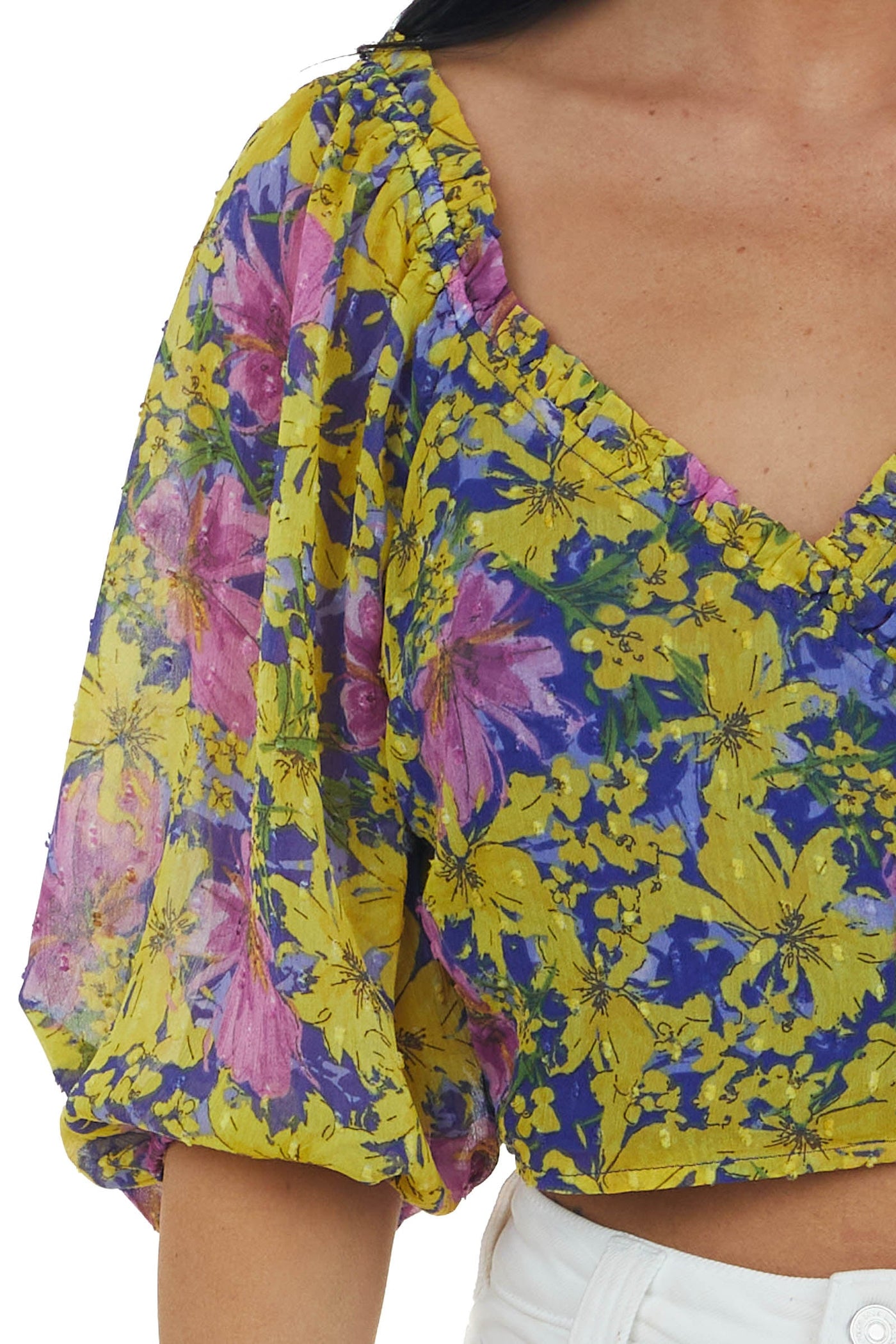 Lemon Floral Print Swiss Dot Surplice Crop Top