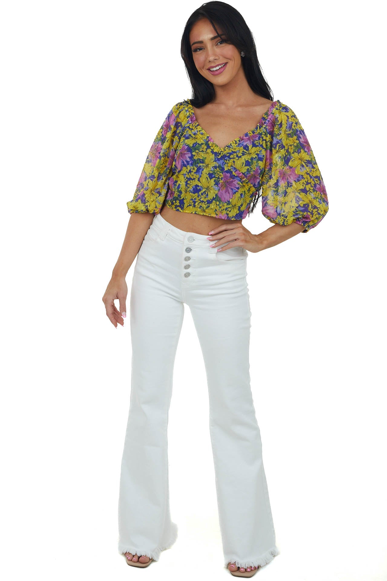 Lemon Floral Print Swiss Dot Surplice Crop Top