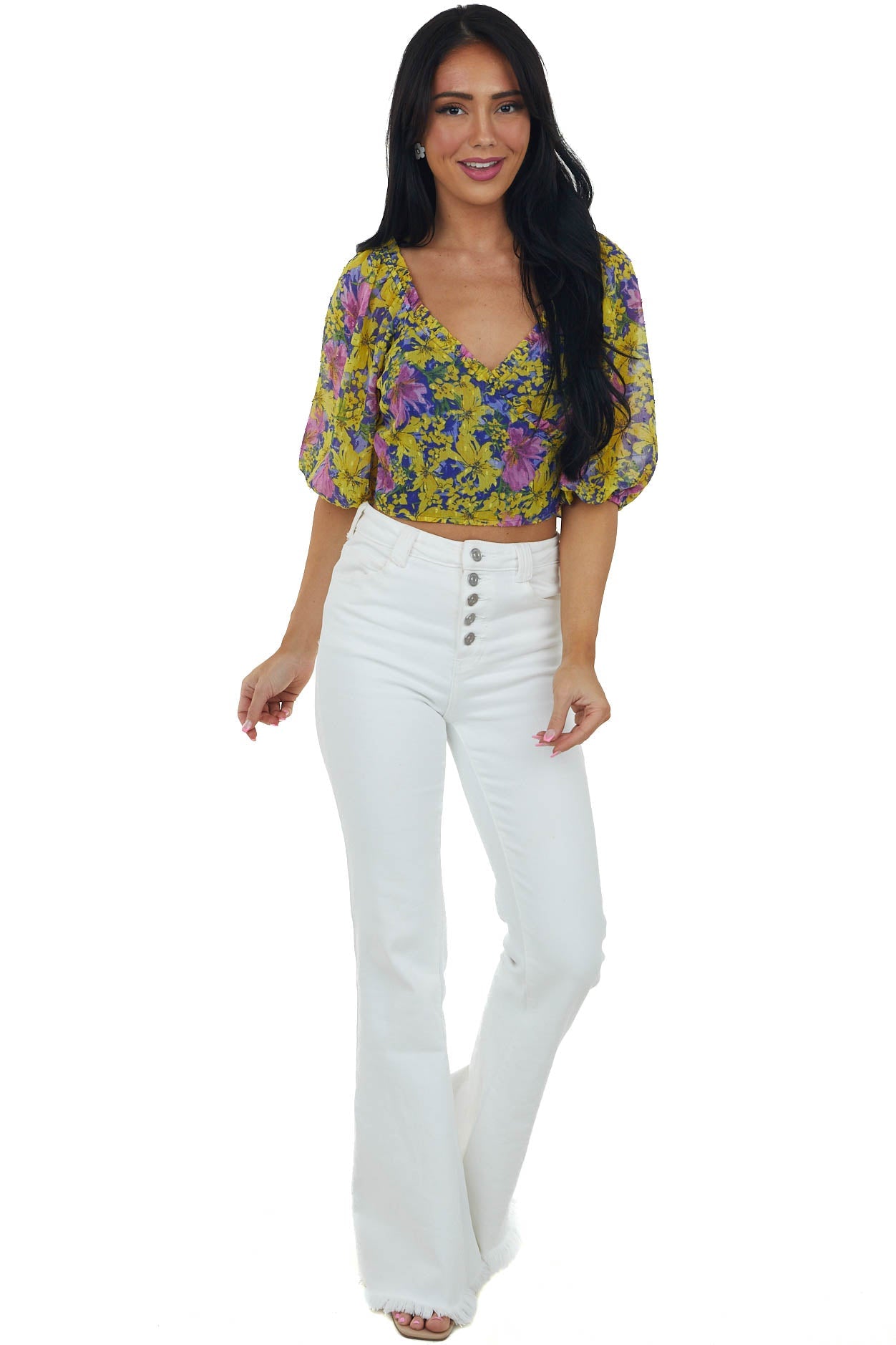 Lemon Floral Print Swiss Dot Surplice Crop Top