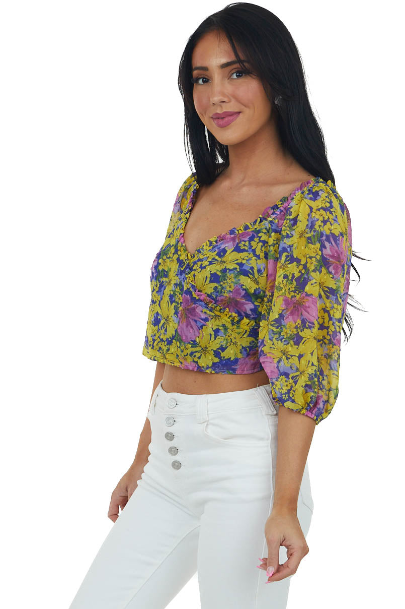 Lemon Floral Print Swiss Dot Surplice Crop Top