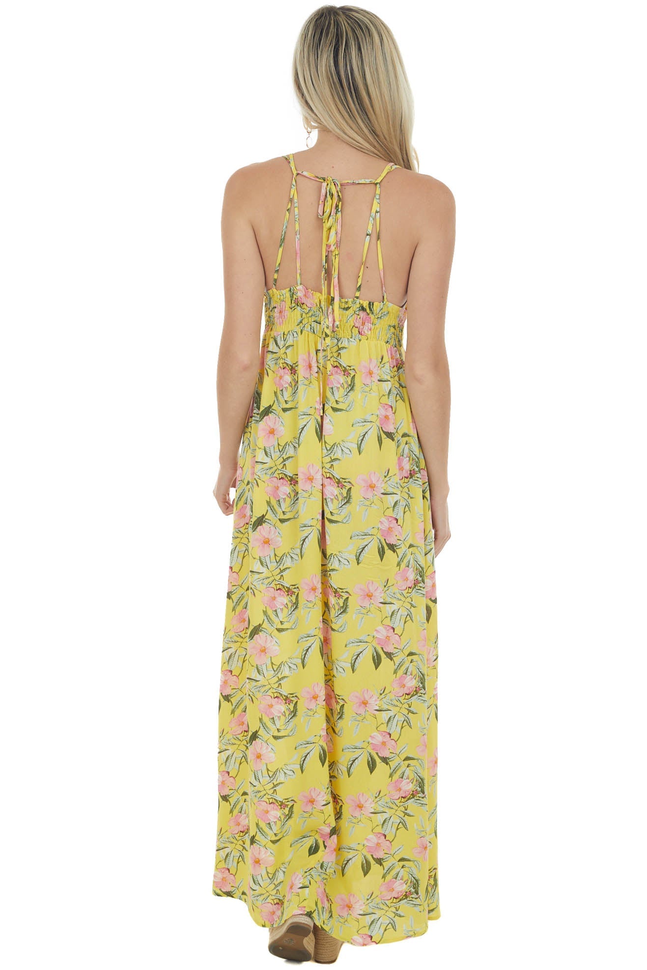 Lemon Floral V Neck Sleeveless Maxi Dress