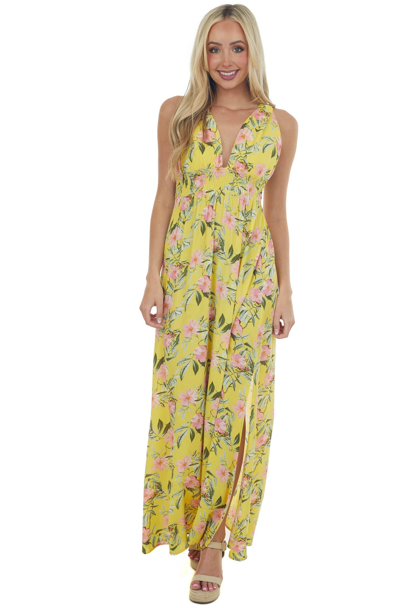 Lemon Floral V Neck Sleeveless Maxi Dress