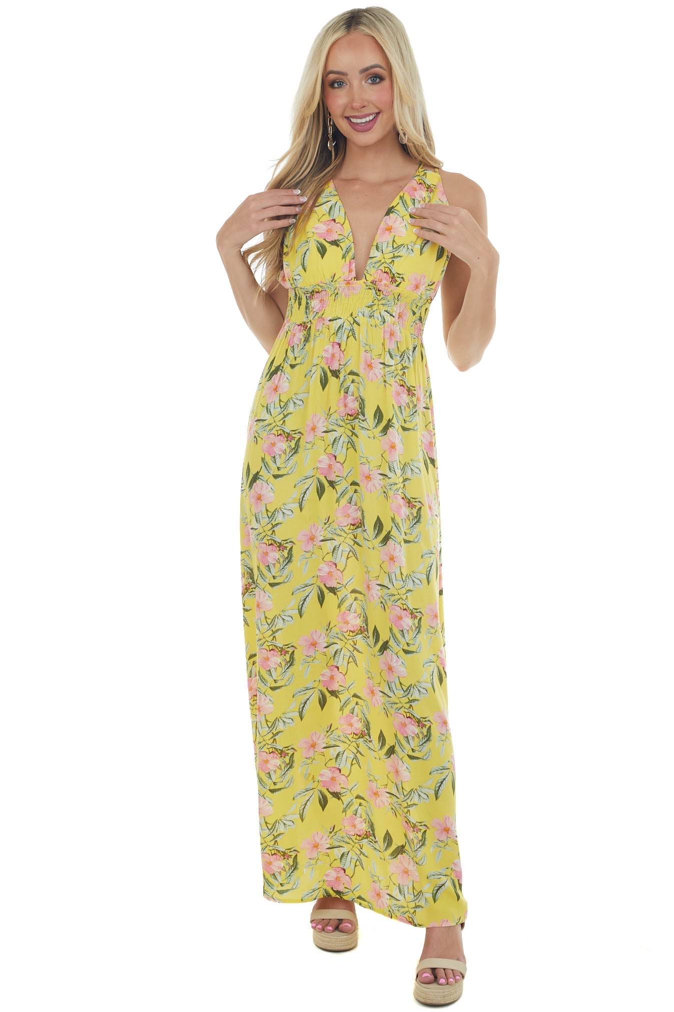 Lemon Floral V Neck Sleeveless Maxi Dress