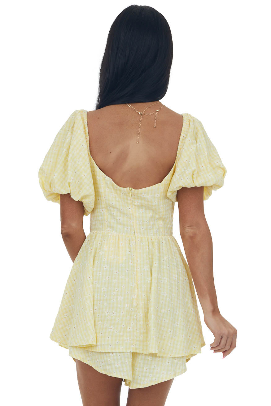 Lemon Gingham Print Layered Puff Sleeve Romper