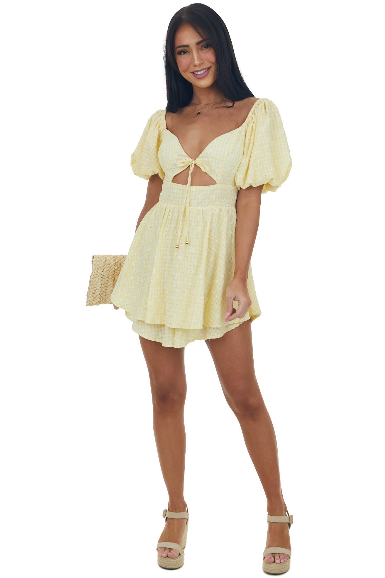 Lemon Gingham Print Layered Puff Sleeve Romper