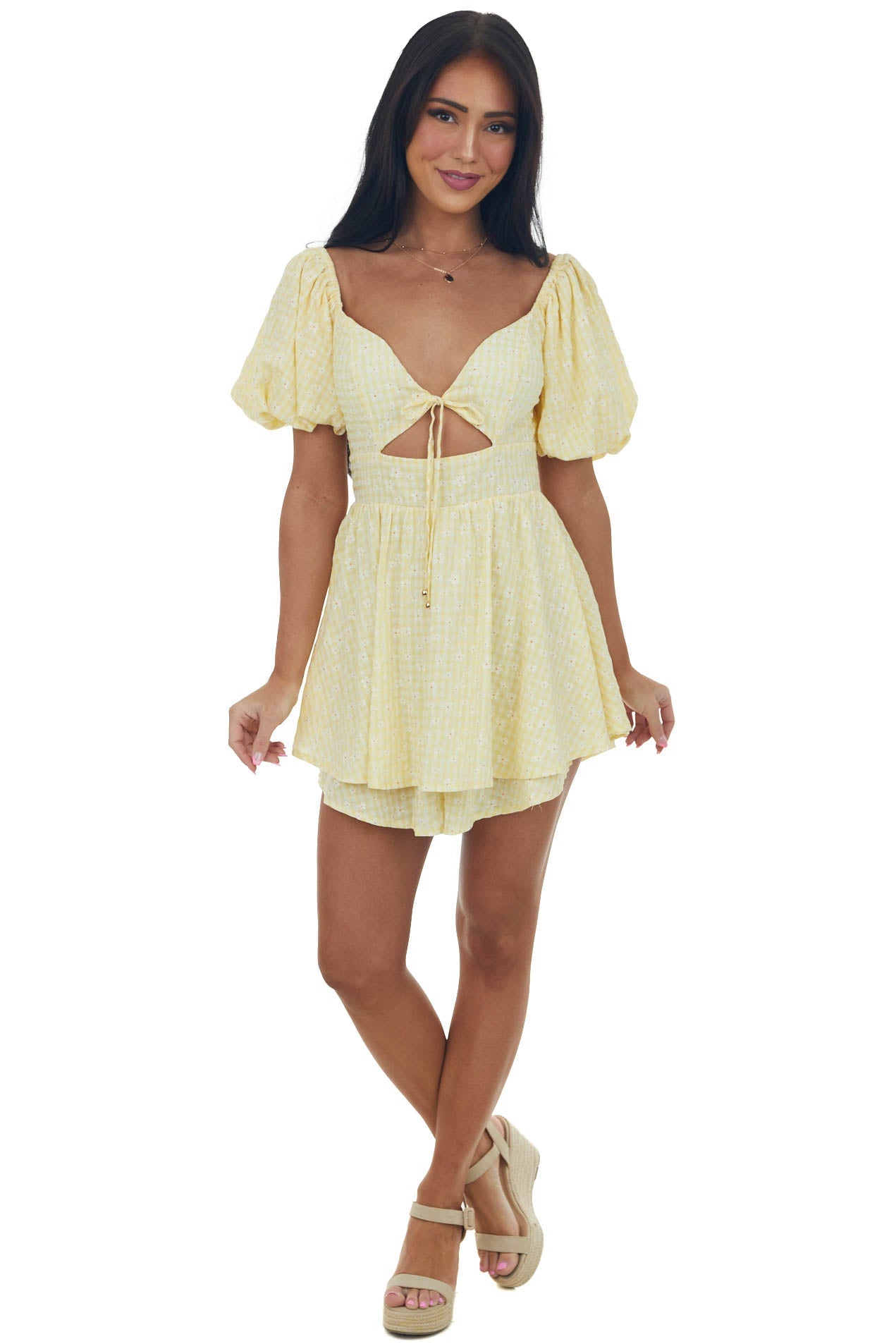 Lemon Gingham Print Layered Puff Sleeve Romper