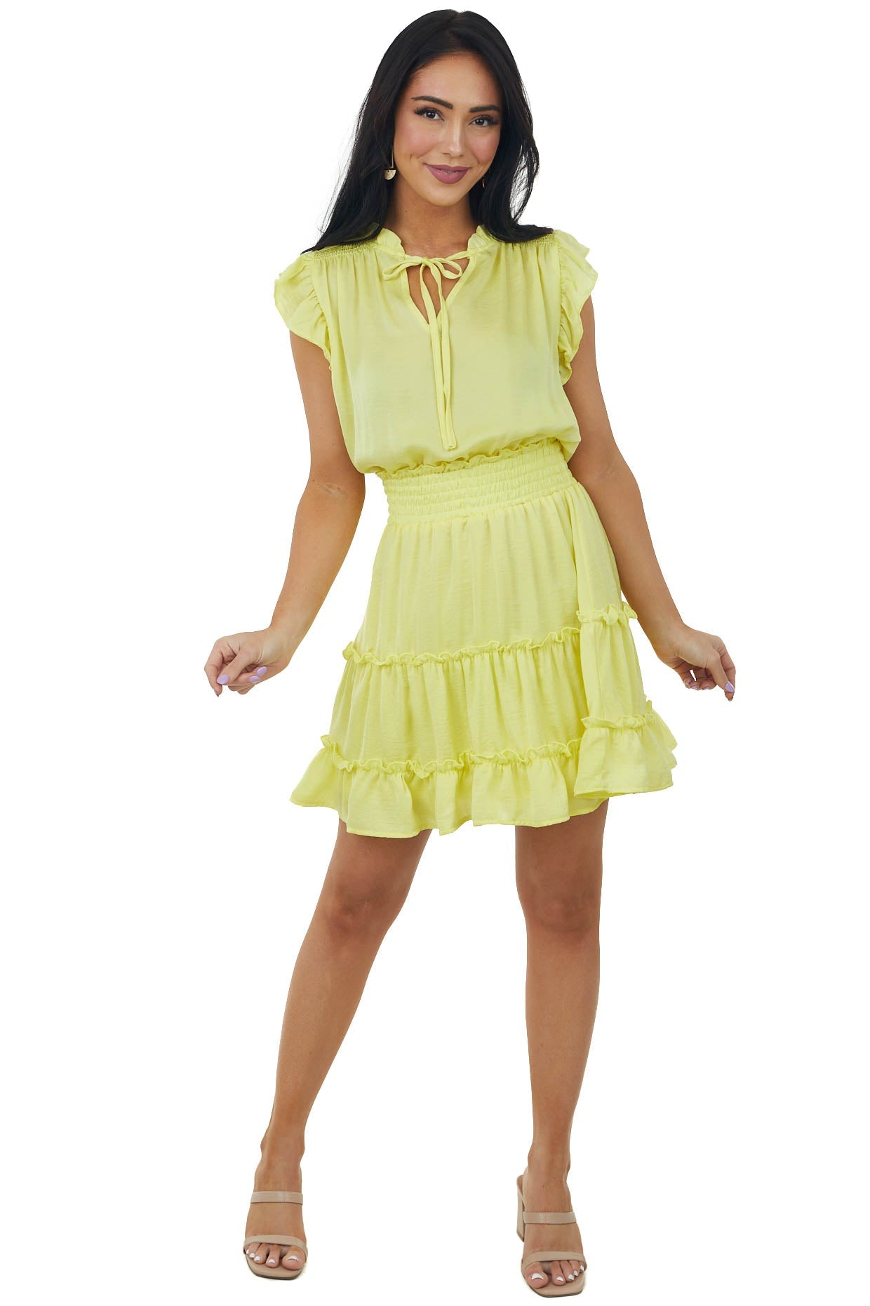 Lemon High Notch Neck Smocked Waist Mini Dress