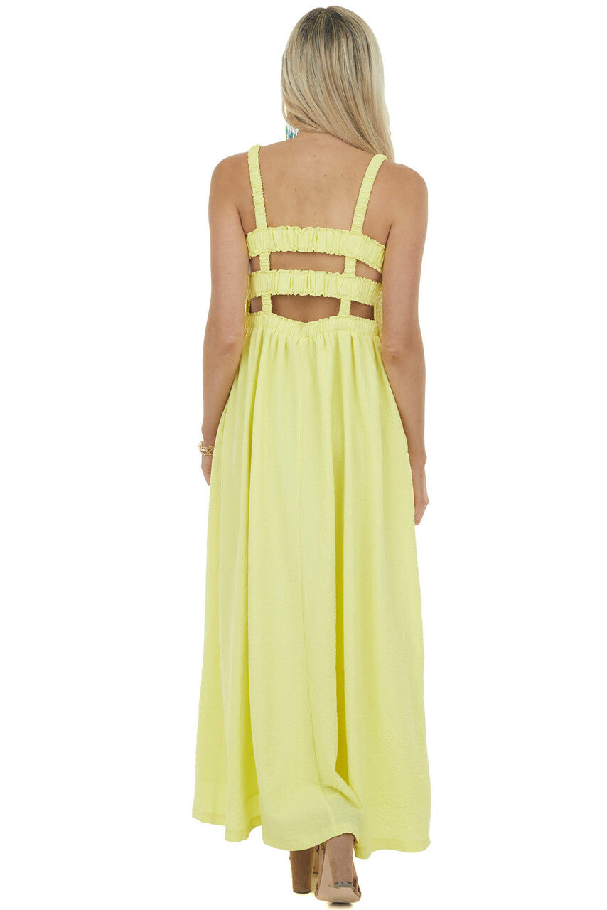 Lemon Sleeveless Smocked Ruffle Maxi Dress