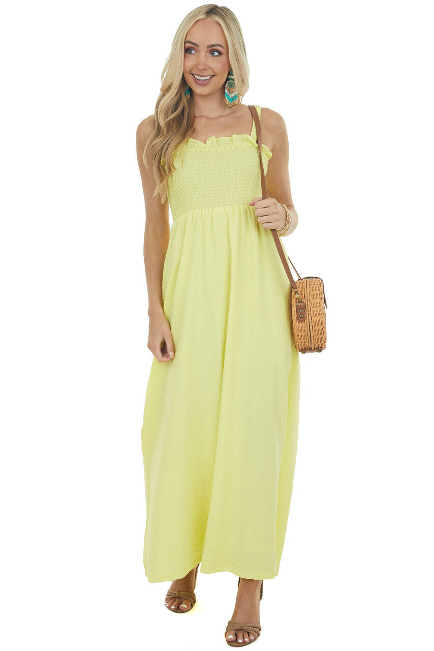 Lemon Sleeveless Smocked Ruffle Maxi Dress