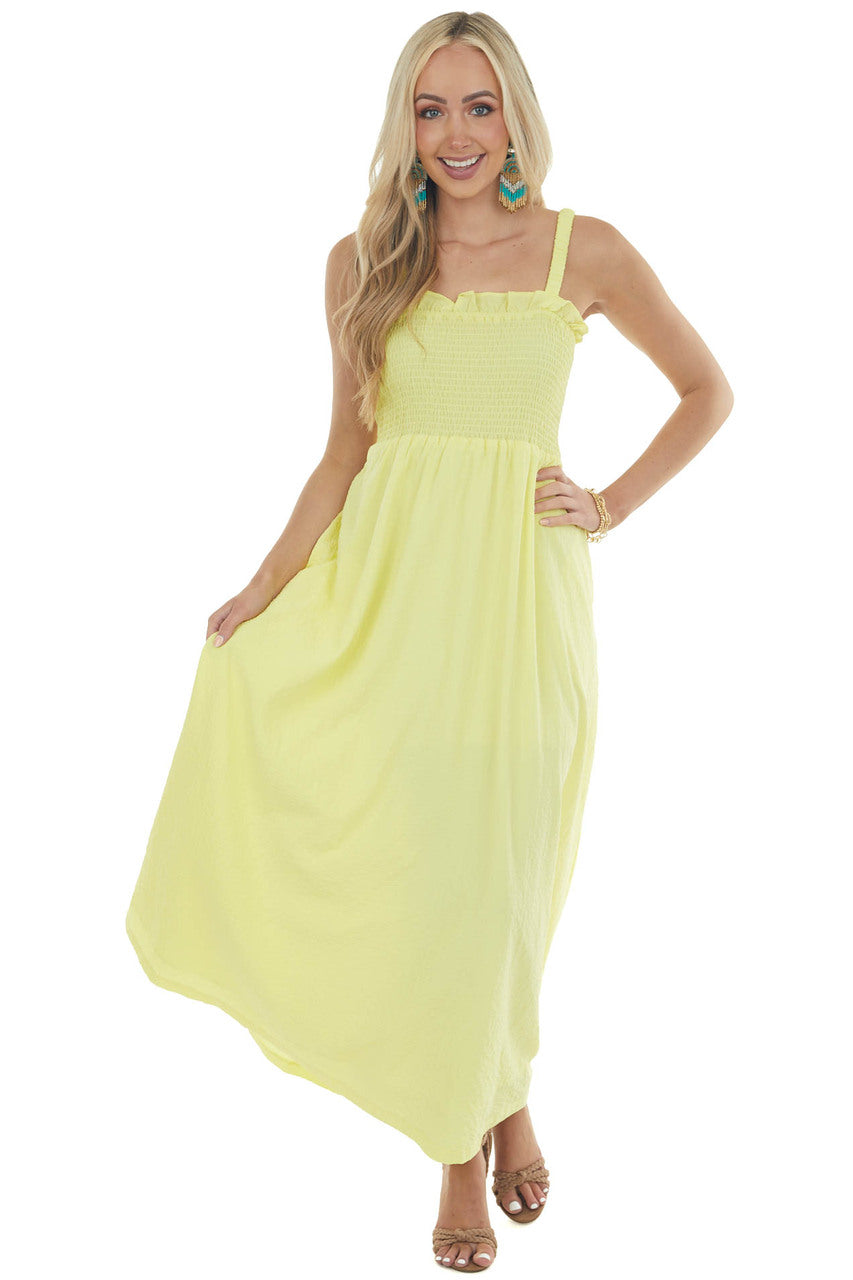 Lemon Sleeveless Smocked Ruffle Maxi Dress