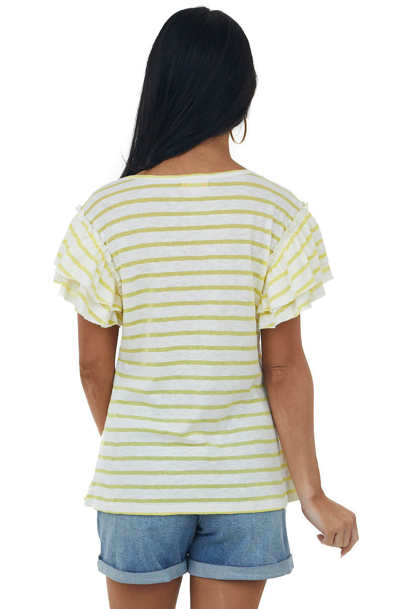 Lemon Striped Tiered Ruffle Sleeve Knit Top