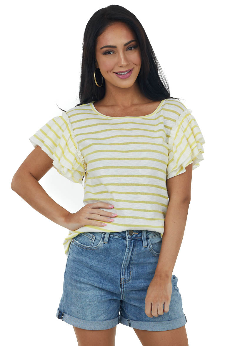 Lemon Striped Tiered Ruffle Sleeve Knit Top