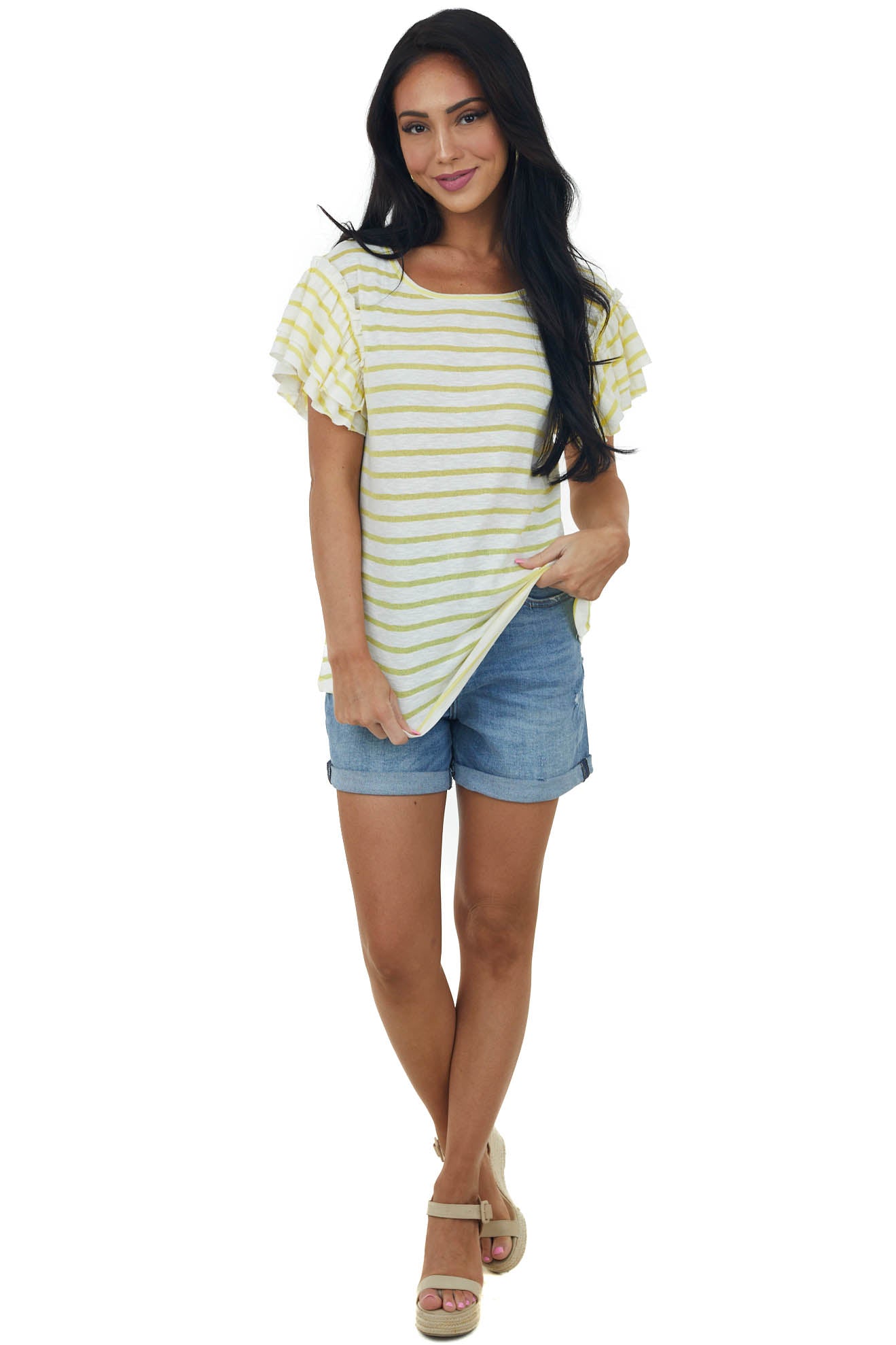 Lemon Striped Tiered Ruffle Sleeve Knit Top